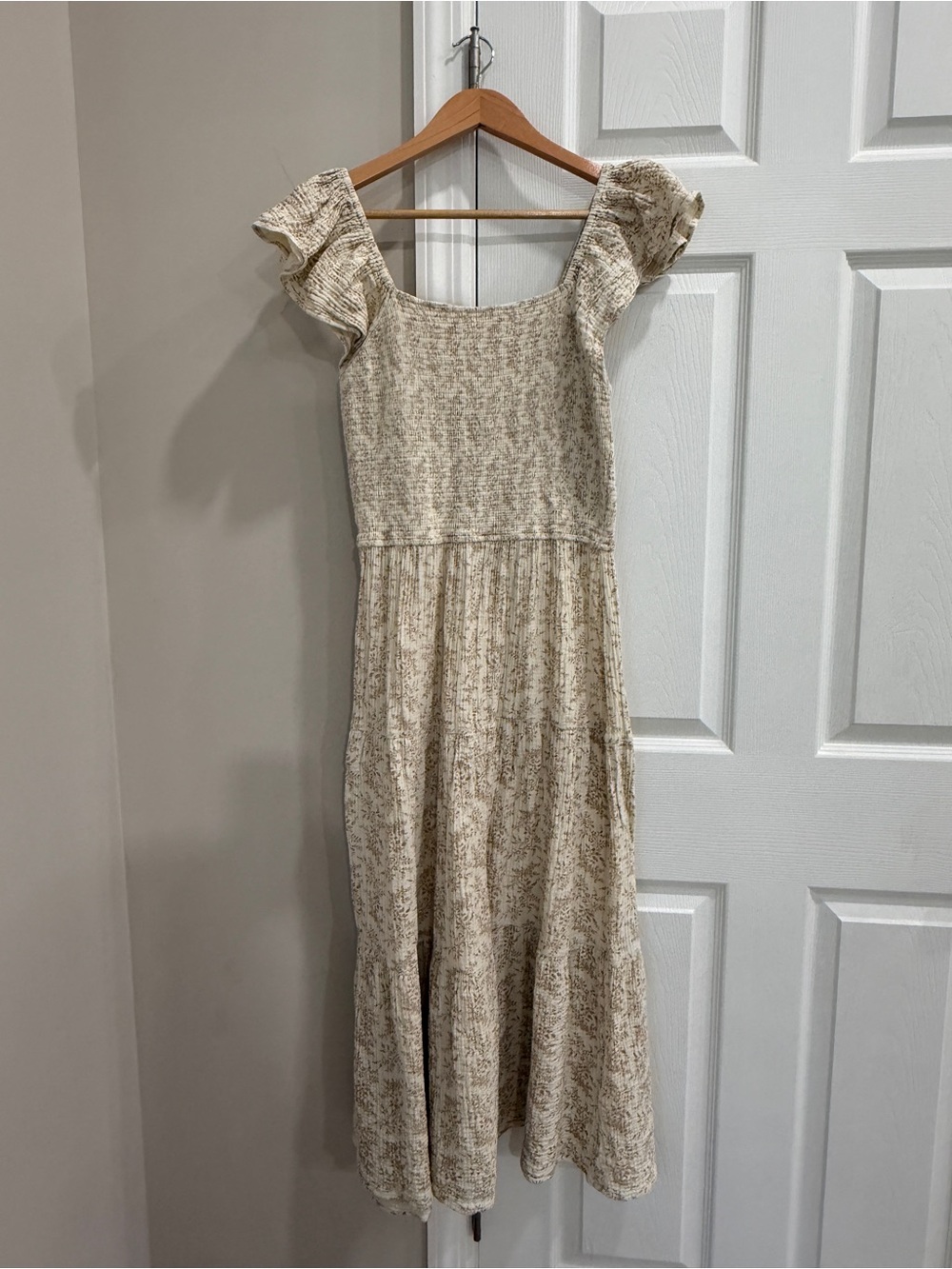 Cream Floral Square-Neck Midi Dress with Flutter Sleeves